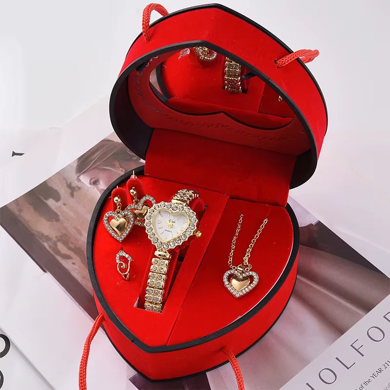 Romantic 4-Piece Jewelry Gift Set for Women - Heart-Shaped Box with Necklace, Earrings, Ring, and Luxe Watch