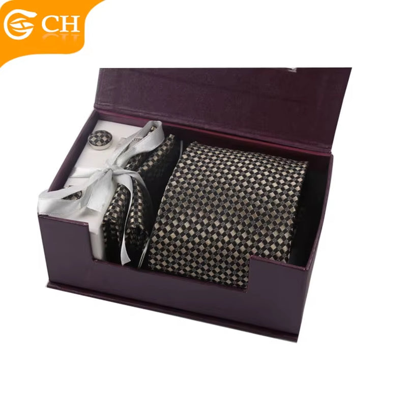 Custom Fashion Mens Silk Tie and Cufflink Hanky Set with Gift Box Packing