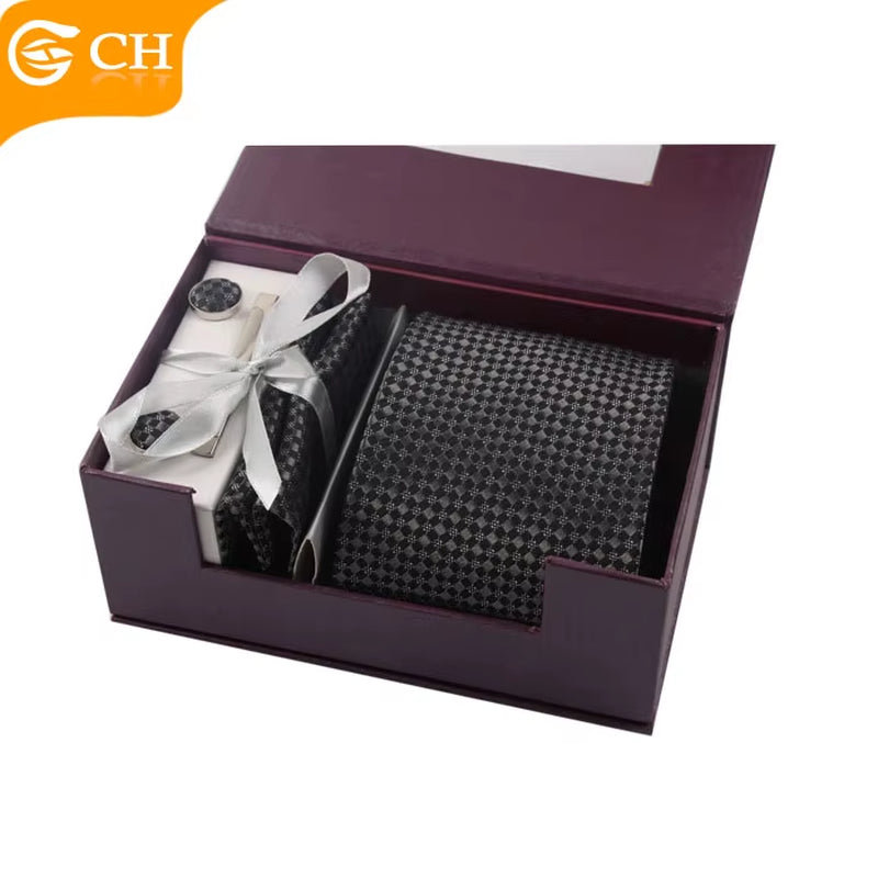 Custom Fashion Mens Silk Tie and Cufflink Hanky Set with Gift Box Packing