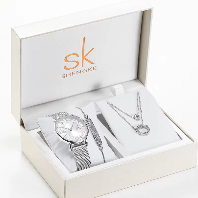 SHENGKE Creative Quartz Watch High Quality Luxury Jewelry Set Gift Box Women Watch Wristwatch Earrings Necklace Relogio Feminino
