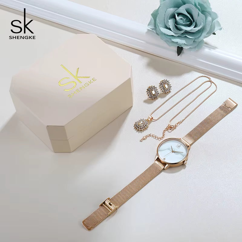 SHENGKE Creative Quartz Watch High Quality Luxury Jewelry Set Gift Box Women Watch Wristwatch Earrings Necklace Relogio Feminino