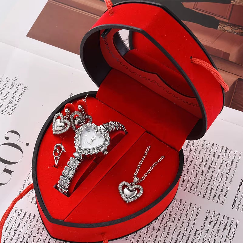 Romantic 4-Piece Jewelry Gift Set for Women - Heart-Shaped Box with Necklace, Earrings, Ring, and Luxe Watch