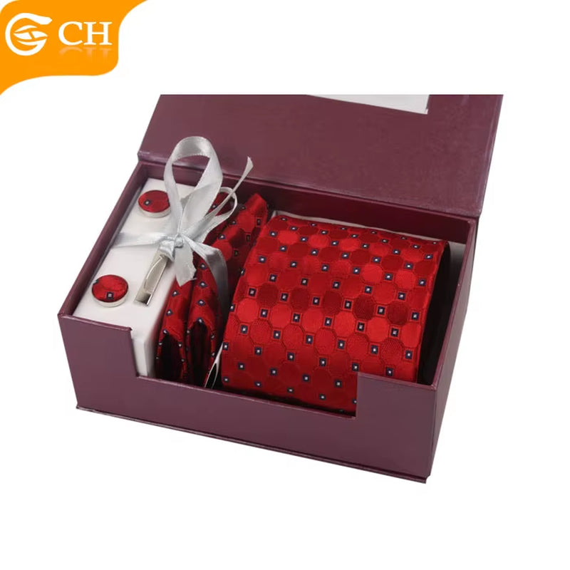 Custom Fashion Mens Silk Tie and Cufflink Hanky Set with Gift Box Packing