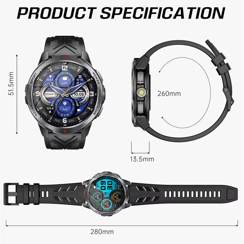 LED Flashlight Smart Watch KT88 Multiple Sport Mode Music Control 1100Mah Large Battery 3ATM Waterproof Outdoor Smart Watches
