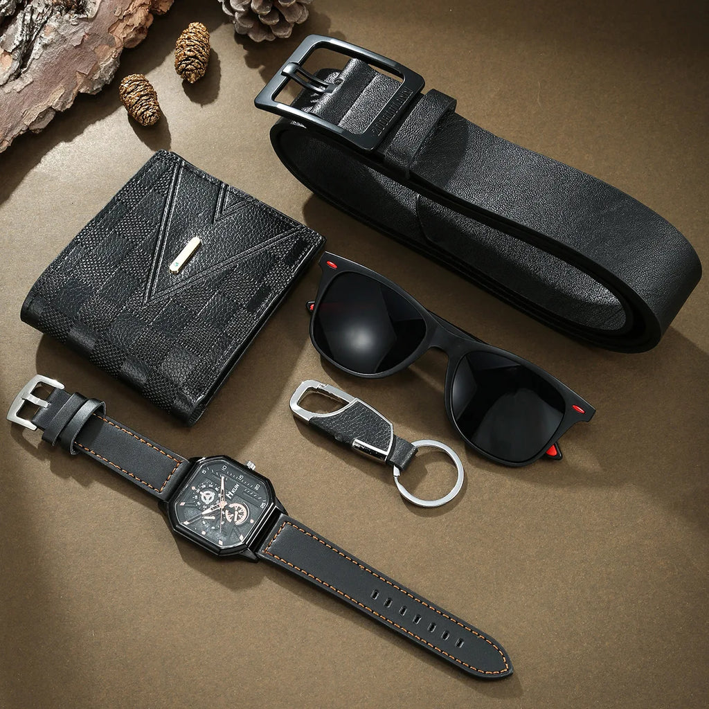 Elevate Your Style with the 2024 Men's Luxury Leather Quartz Watch Gift Set – Includes Belt, Sunglasses, Wallet, and Key Chain