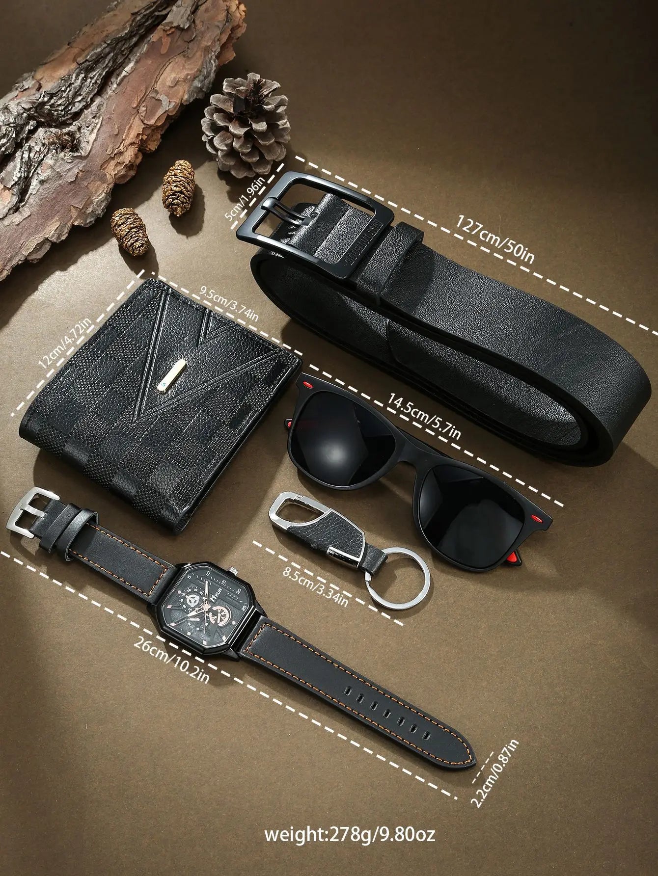 Elevate Your Style with the 2024 Men's Luxury Leather Quartz Watch Gift Set – Includes Belt, Sunglasses, Wallet, and Key Chain