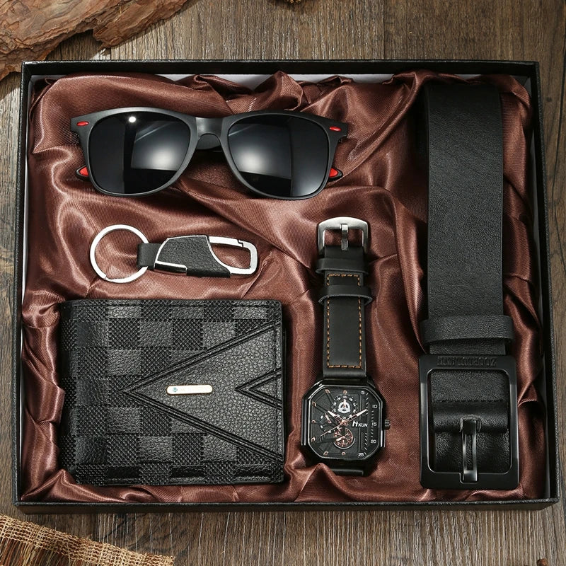 Elevate Your Style with the 2024 Men's Luxury Leather Quartz Watch Gift Set – Includes Belt, Sunglasses, Wallet, and Key Chain