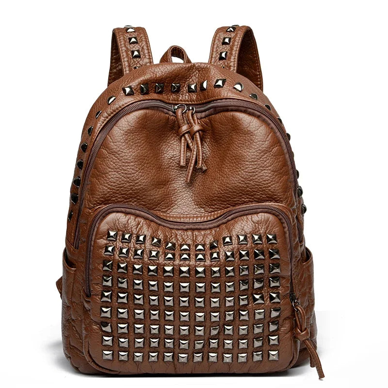 Chic Rivet-Embellished Soft Leather Women’s Backpack - Spacious & Stylish Travel Companion for Girls