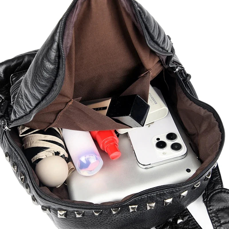 Chic Rivet-Embellished Soft Leather Women’s Backpack - Spacious & Stylish Travel Companion for Girls