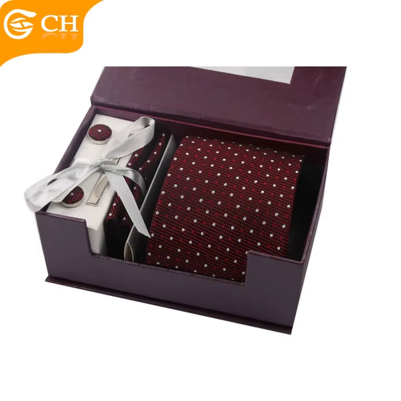 Custom Fashion Mens Silk Tie and Cufflink Hanky Set with Gift Box Packing