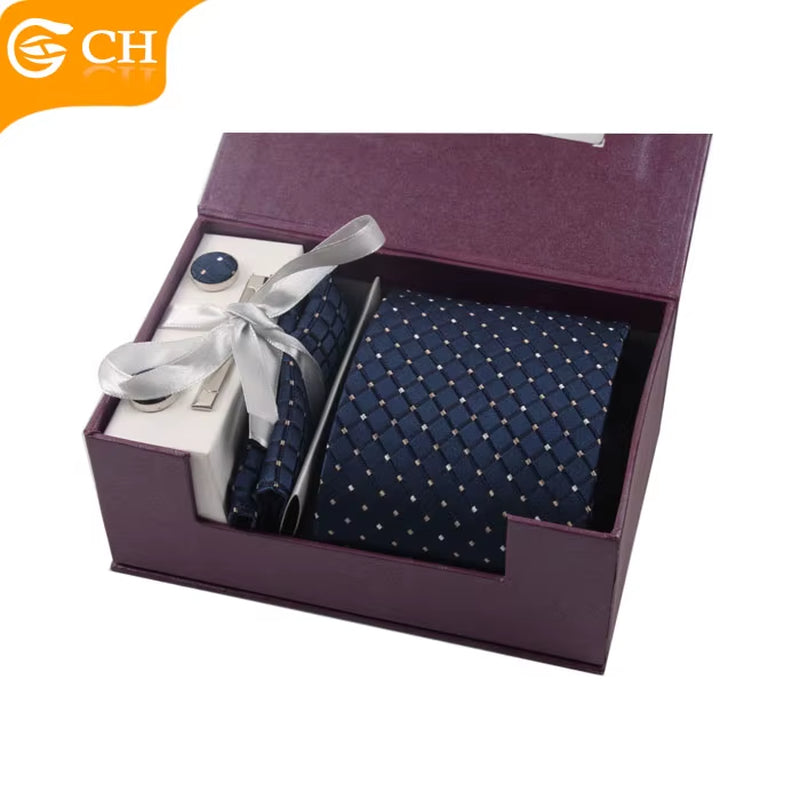 Custom Fashion Mens Silk Tie and Cufflink Hanky Set with Gift Box Packing