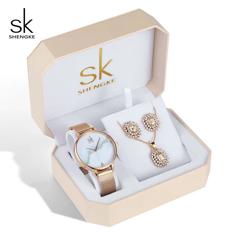 SHENGKE Creative Quartz Watch High Quality Luxury Jewelry Set Gift Box Women Watch Wristwatch Earrings Necklace Relogio Feminino