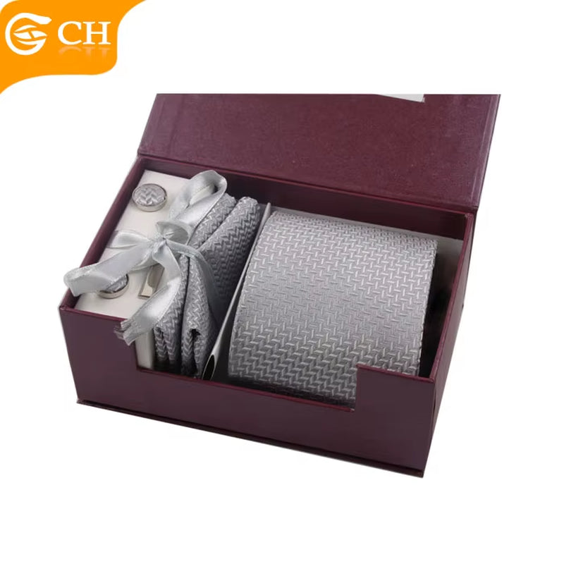 Custom Fashion Mens Silk Tie and Cufflink Hanky Set with Gift Box Packing