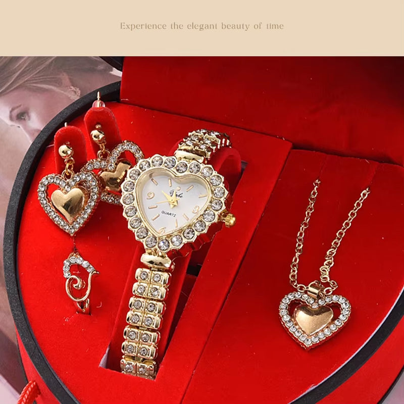Romantic 4-Piece Jewelry Gift Set for Women - Heart-Shaped Box with Necklace, Earrings, Ring, and Luxe Watch