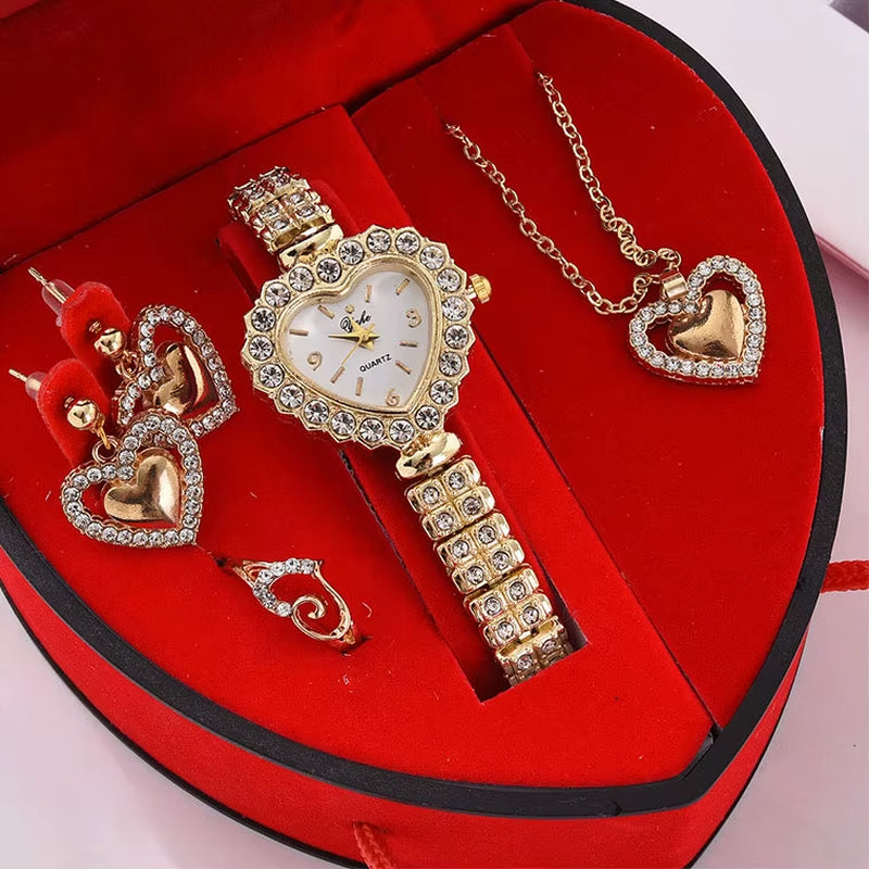 Romantic 4-Piece Jewelry Gift Set for Women - Heart-Shaped Box with Necklace, Earrings, Ring, and Luxe Watch